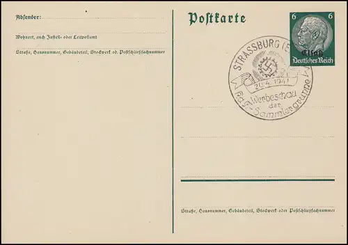 Carte postale Alsace Hindenburg avec impression, SSt STRASSBURG Affichage publicitaire 20.4.1941