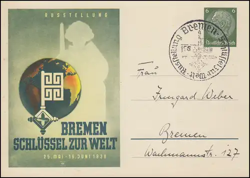 Sonderpostkarte Ausstellung BREMEN SCHLÜSSEL ZUR WELT, passender SSt 19.6.1938