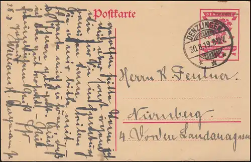 Carte postale Assemblée nationale 10 Pfennig DENZLINGEN 30.8.1919 à Nuremberg