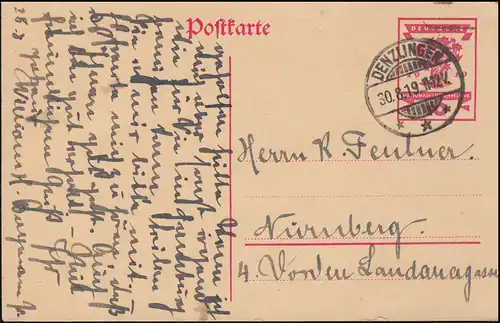 Postkarte Nationalversammlung 10 Pfennig DENZLINGEN 30.8.1919 nach Nürnberg
