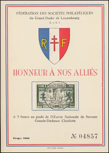Luxembourg Carte de donation de la Fédération philatéliste, LUXEMBOURG 14.7.1945