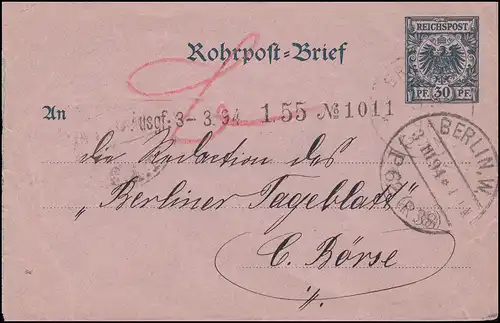 Enveloppe de tube postal RU 3 Adler 30 Pf BERLIN P62 (R38) 3.3.1894 à la Bourse de Berlin