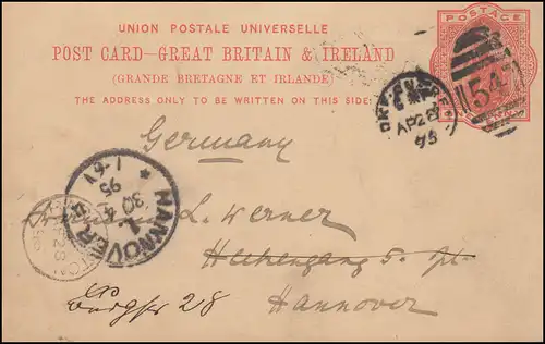Royaume-Uni Carte postale P 26 DUP 547 -28.4.1895 par BRIGHTON n. HANNOVER 30.4.
