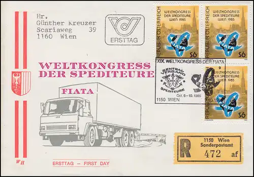 Autriche Congrs mondial des transporteurs FIATA Bijoux-R-FDC 1985 Pointe spéciale R