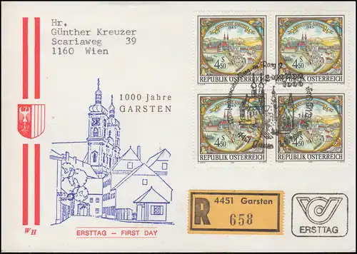 Österreich 1000 Jahre Garsten Viererblock auf Schmuck-R-FDC Ausstellung 7.6.1985