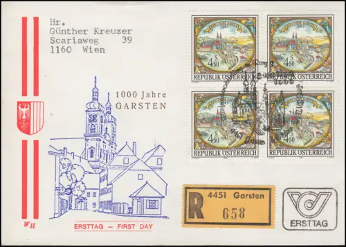 Österreich 1000 Jahre Garsten Viererblock auf Schmuck-R-FDC Ausstellung 7.6.1985