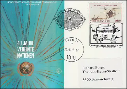 UNO Vienne: transport postal spécial par diligence 40 ans UNU 29.6.1985