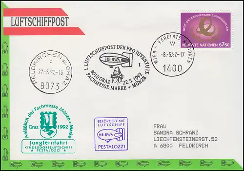 Nations unies - Vienne: Poste de pilotage DKL 14 PESTALOZZI 1er vol par Juventute 22.5.1992