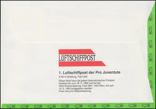 UNO-Wien: Luftschiffspost DKL 14 PESTALOZZI als 1. Pro Juventute-Flug 22.5.1992