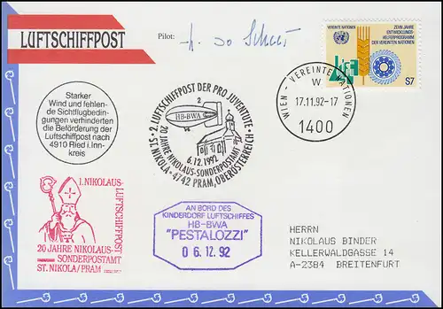 UNO-Wien Luftschiffspost PESTALOZZI als 2. Pro Juventute Flug St.. Nikolaus 1992