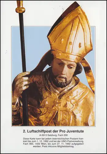 UNO-Wien Luftschiffspost PESTALOZZI als 2. Pro Juventute Flug St.. Nikolaus 1992