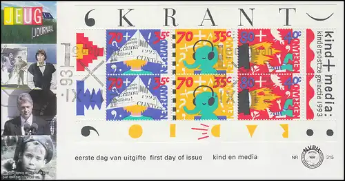 Pays-Bas Blocksvereit Zeitung Kinder+Media Krant kind+media Bijoux-FDC 1993