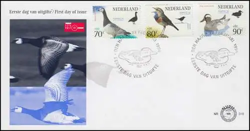 Niederlande Vögel Bird: Gans Ente Singvogel auf Schmuck-FDC 1994