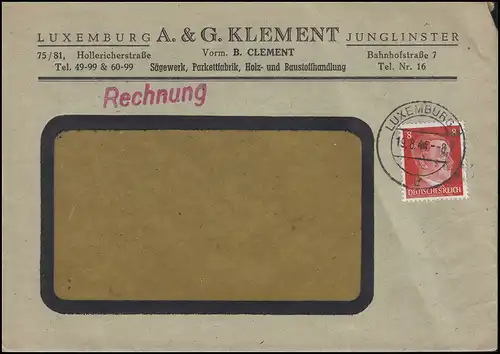Marque libre Hitler 8 Pf EF sur la lettre de fenêtre Scierie Klement LUXEMBOURG 19.8.44