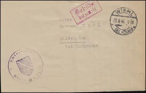 Temple payé sur lettre tribunal de l'arrondissement WIEHL/KÖLN 22.5.46 après Mildsiefen