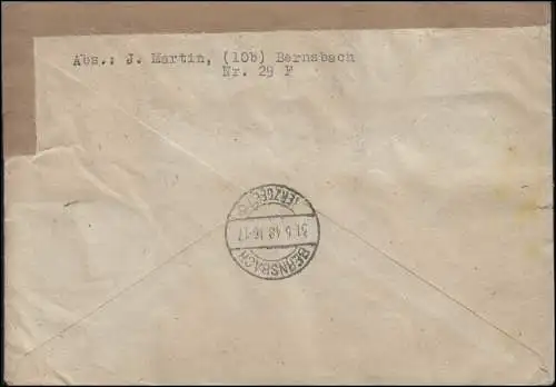 SBZ-Währungsreform Zehnfachfrankatur Kontrollrat I+II Brief BERNSBACH 30.7.48