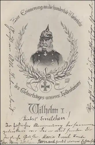 Ansichtskarte 100. Geburtstag Heldenkaiser Wilhelm I., AACHEN 15.3.1897