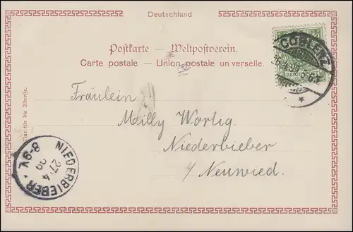 Ansichtskarte Germania-Ensemble, COBLENZ 26.4.1899 nach NIEDERBIEBER 27.4.1899