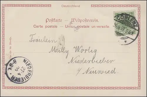Carte de vue Germania-Ensemble, COMLENZ 26.4.1899 d'après NIEDERBIEBER 27.4.189