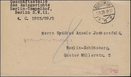 Gebührenpflichtige Dienstsache Orts-Brief Amtsgericht BERLIN SW 11 e - 1.11.1929
