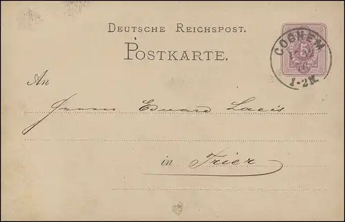 Postkarte P 5 Ziffer 5 Pfennige, COCHEM 17.12.1876 mit Ausgabe-O TRIER 18.12.76