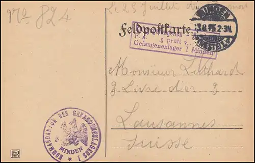 Zensur Kriegsgefangenensendung Gefangenen-Lager MINDEN 13.8.1915 in die Schweiz