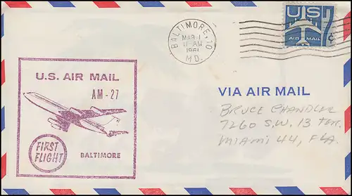 Erstflug FIRST FLIGHT AM-27 von Baltimore MD. 1.3.1961 nach Miami / Florida 1.3.