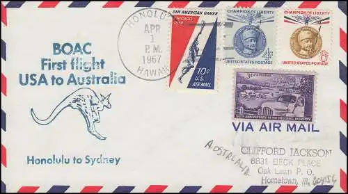 Premier vol BOAC First flight USA to Australia depuis HONOLULLU 1.4.67 vers SYDNEY 3.4.