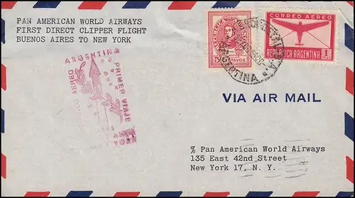 Erstflug FIRST FLIGHT PAN Argentinien-USA Buenos Aires 16.8.46 n. New York 19.8.