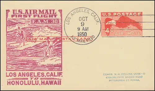 Premier vol FIRST FLIGHT F.A.M. 30 depuis Los Angeles 9.10.1950 jusqu'à Honolulu 9.10