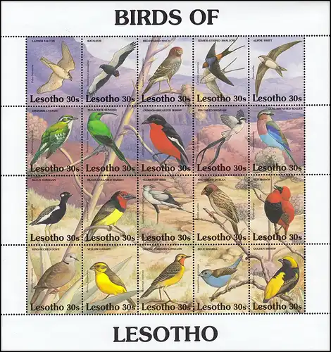 Lesotho 945-965 Einheimische Vögel BIRDS OF LESOTHO ZD-Kleinbogen 1992 **