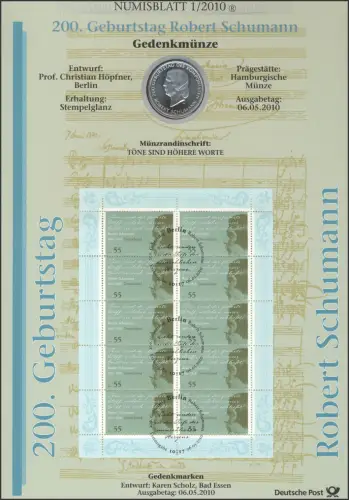 2797 Compositeur et pianiste Robert Schumann - Numisblatt 1/2010
