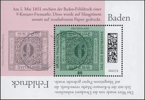 Block 90 Tag der Briefmarke 2022: Baden Fehldruck, ** postfrisch