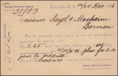 Bulgarie Carte postale P 8b de RUSSE / RUSTSCHUK 12.12.1896 vers BARMEN 27.12.96