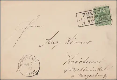 Carte postale avec 3 pcs de cachet de boîte RHEYDT 17.2.1880 vers BURGStalL 18.2.80