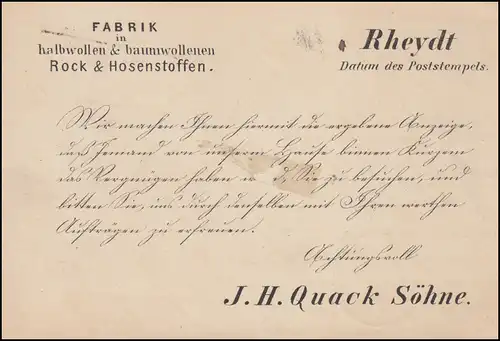 Carte postale avec 3 pcs de cachet de boîte RHEYDT 17.2.1880 vers BURGStalL 18.2.80