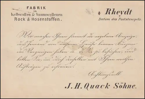 Postkarte mit 3 Pfennige Kastenstempel RHEYDT 17.2.1880 nach BURGSTALL 18.2.80