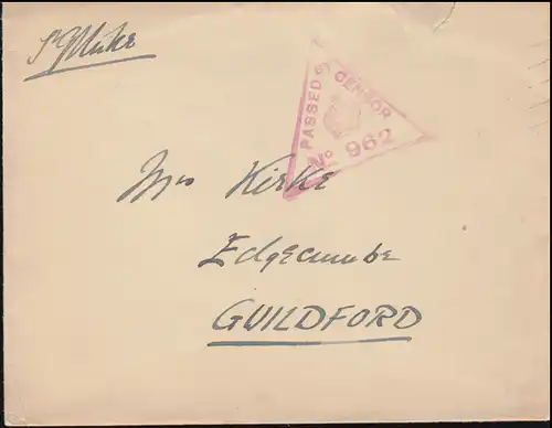 Tampon de censure anglais rouge PASSED BY CENSOR No. 962 sur lettre à Guildford