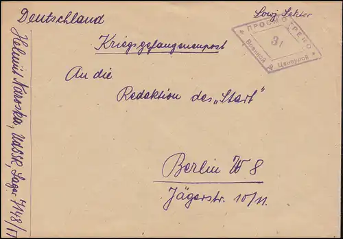 Kriegsgefangenenpost aus sowjetischem Lager 7148 Zensur 31 nach Berlin