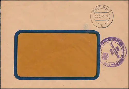 Libre par remplacement Reich BS Rail-Gesellschaft Fensterbrief BERLIN 27.2.35