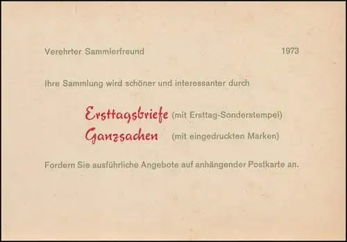 Carte postale de réponse 25 pfennig Chose imprimée / 30 pfernige 1973, non utilisée **