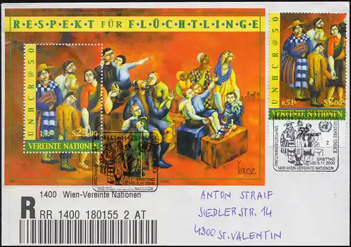 UNO Wien Block 14 Flüchtlingshilfe UNHCR in MiFauf R-FDC ESSt WIEN 9.11.2000