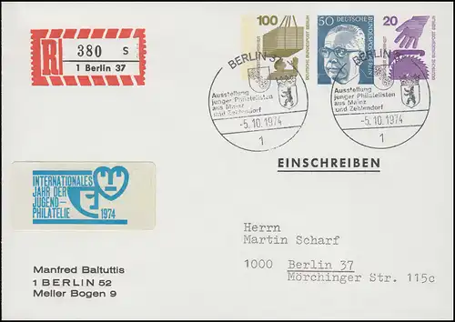 Berlin PU 62 Lettre recommandé Baltuttis Berlin, SSt Berlin 5.10.1974 avec autocollant