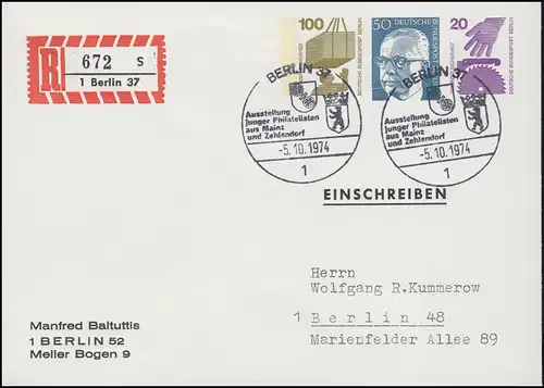 Berlin PU 62 Einschreiben Baltuttis Berlin, SSt Berlin Ausstellung 5.10.1974