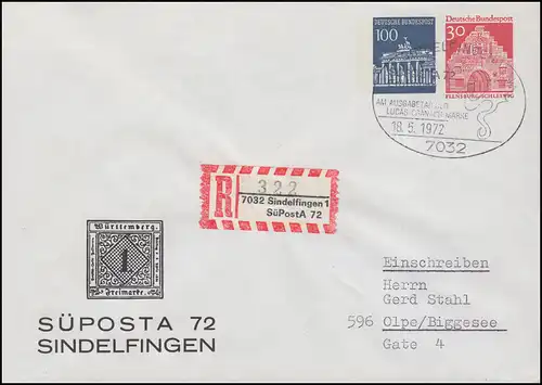 PU 38/2 SÜDPOSTA'72 als R-Brief mit Sonder-R-Zettel, SSt Sindelfingen 18.5.72