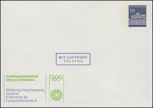 PU 33/24 AG Olympia Philatelie Olympische Ringe München 1972, ungebraucht **