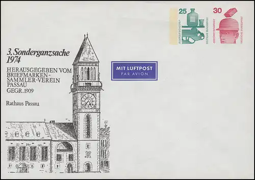 PU 88/2 Rathaus Passau 3. Sonderganzsache 1974 BSV Passau, ungebraucht **