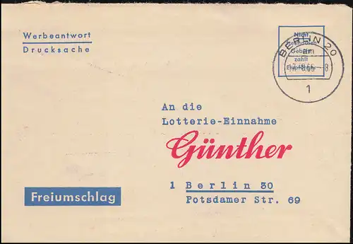 Freiumschlag Werbeantwort Lotterie-Einnahme Günther in Berlin BERLIN 17.8.1966