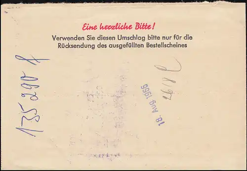 Freiumschlag Werbeantwort Lotterie-Einnahme Günther in Berlin BERLIN 17.8.1966
