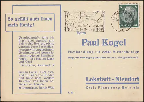 Carte postale Paul Kogel Lokstedt-Nindorf pour miel, HANNOVER Olympia 1936